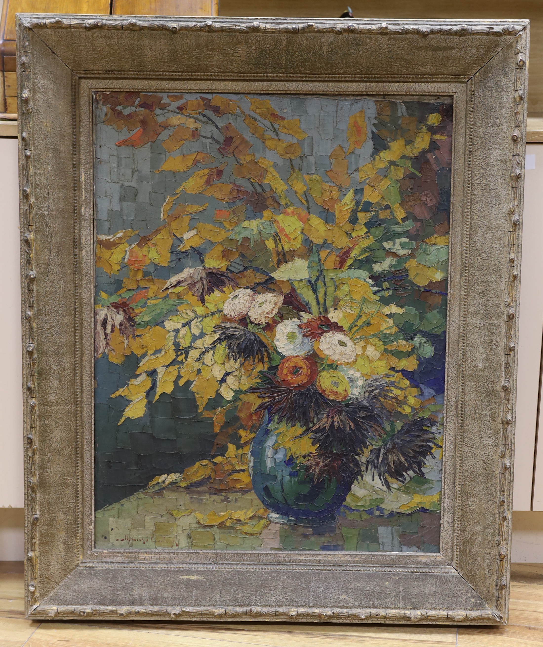 Hungarian School (c.1930), impasto oil on canvas, Still life of a vase of flowers, indistinctly signed, 77 x 59cm